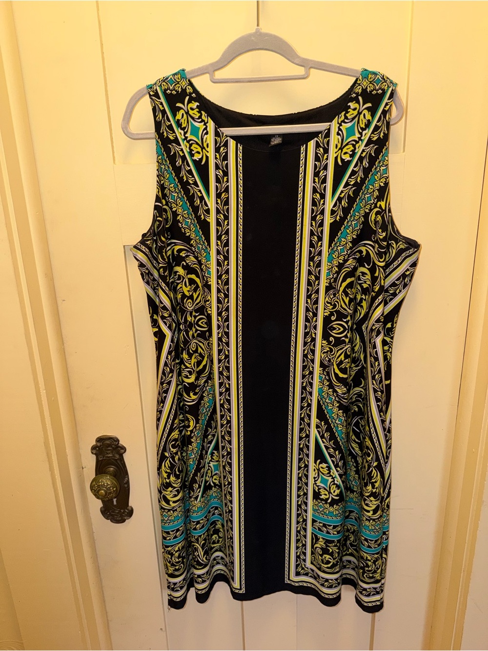Alfani Black Sheath Dress with Teal and Yellow Print